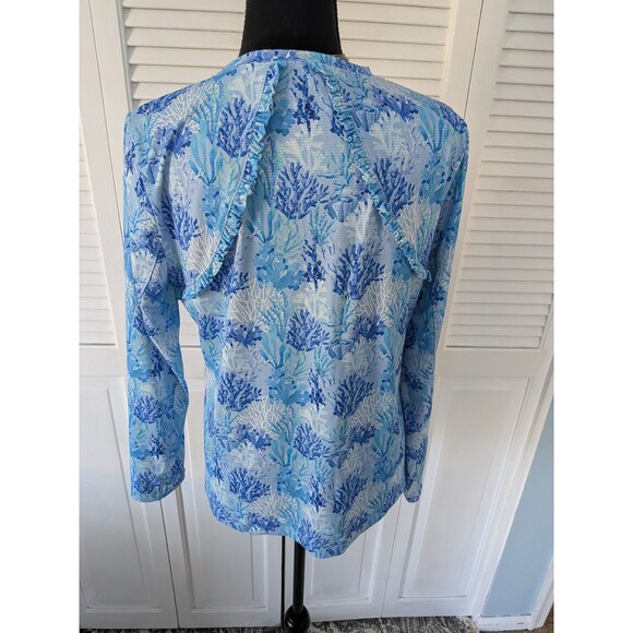 X by GOTTEX Top Womens L Blue White Ruffle Mesh Beach Long Slv Crew Shirt UPF50 - Picture 2 of 10